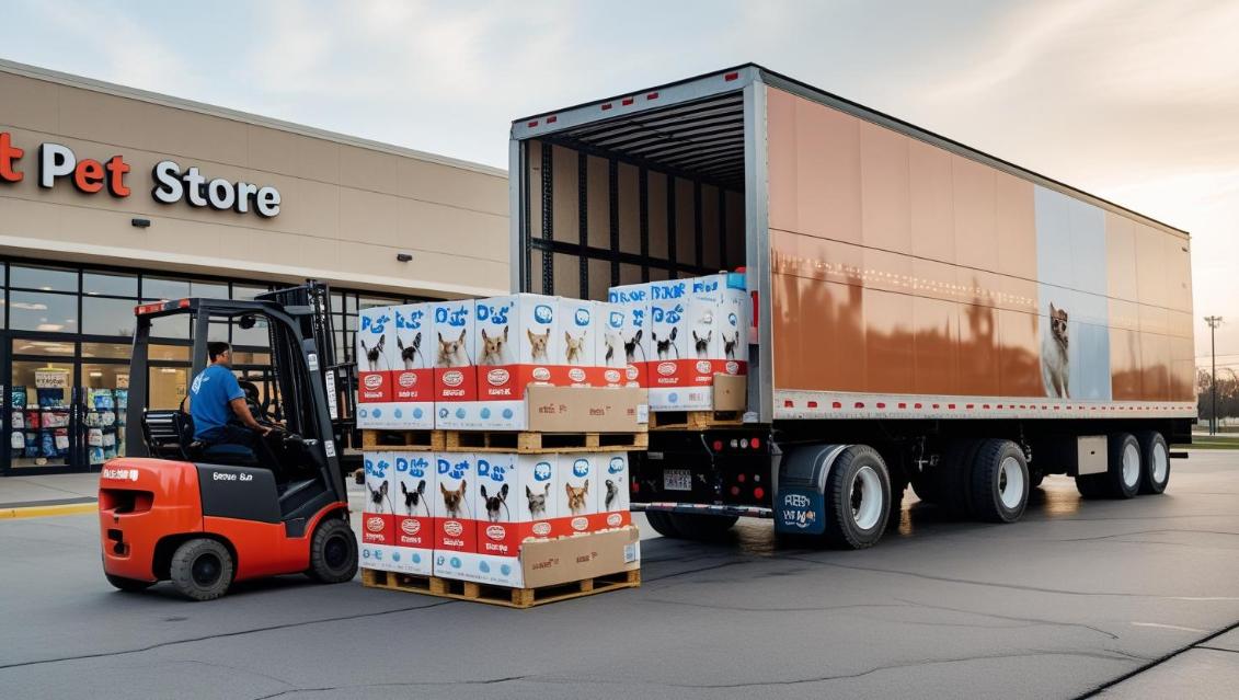 Worker unloads pet food from truck at local pet store loading dock.