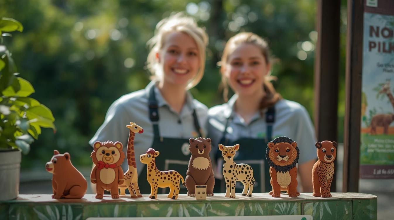 Smiling zookeepers showcase eco animal-shaped USB sticks at bright outdoor stall.